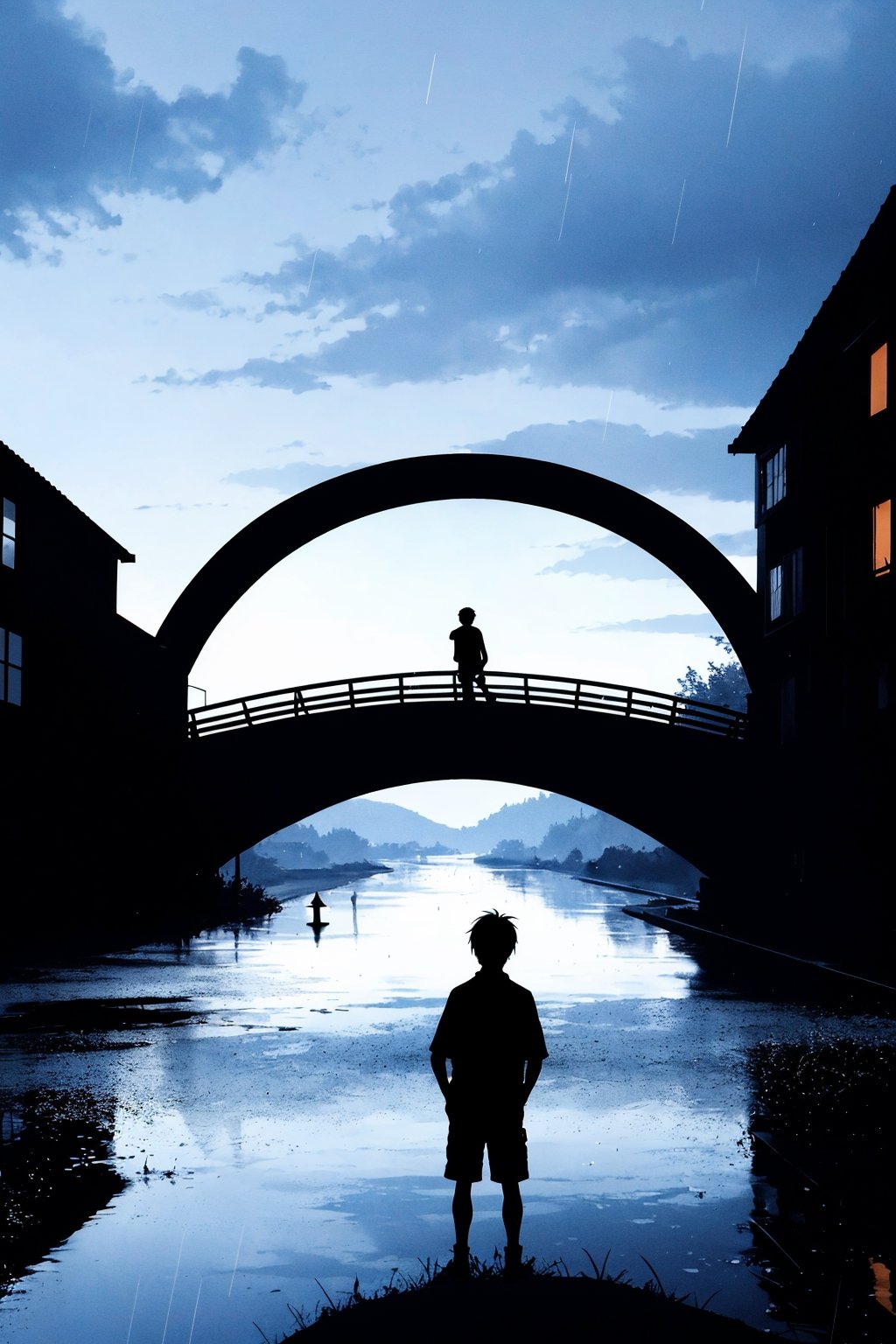 dark sky, (silhouette:1.3), 1boy, looking at the sky, (raining), bridge, river,