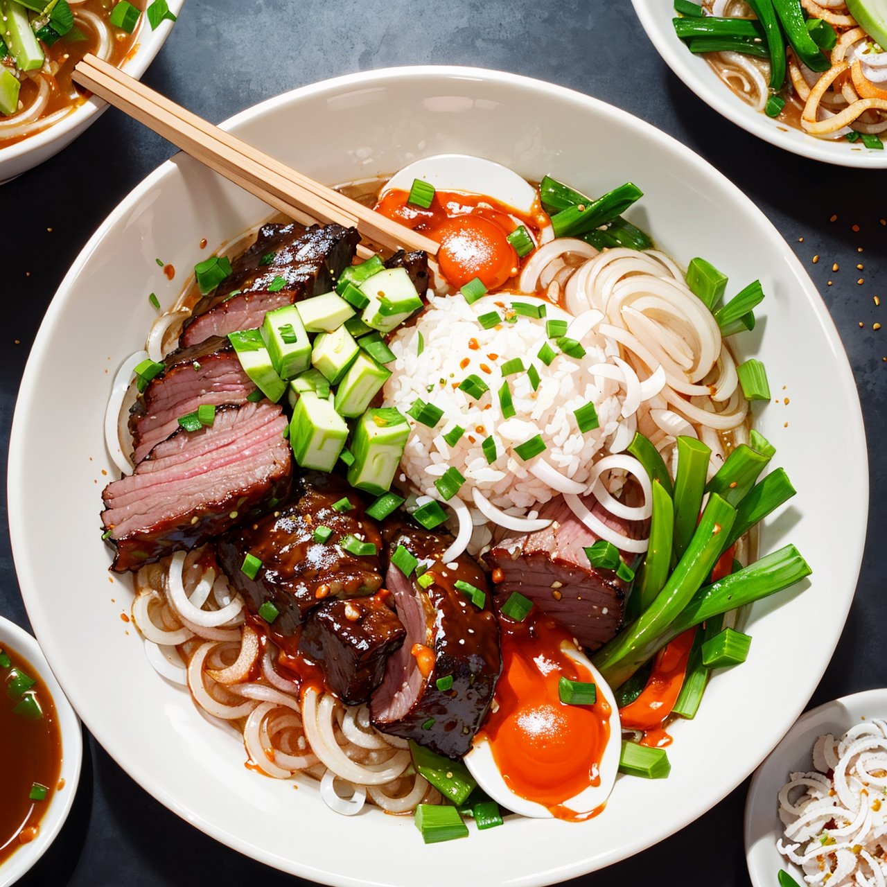 food, food focus, a pho bowl, brisket, hot sauce, spring onion, pepper, vegetables