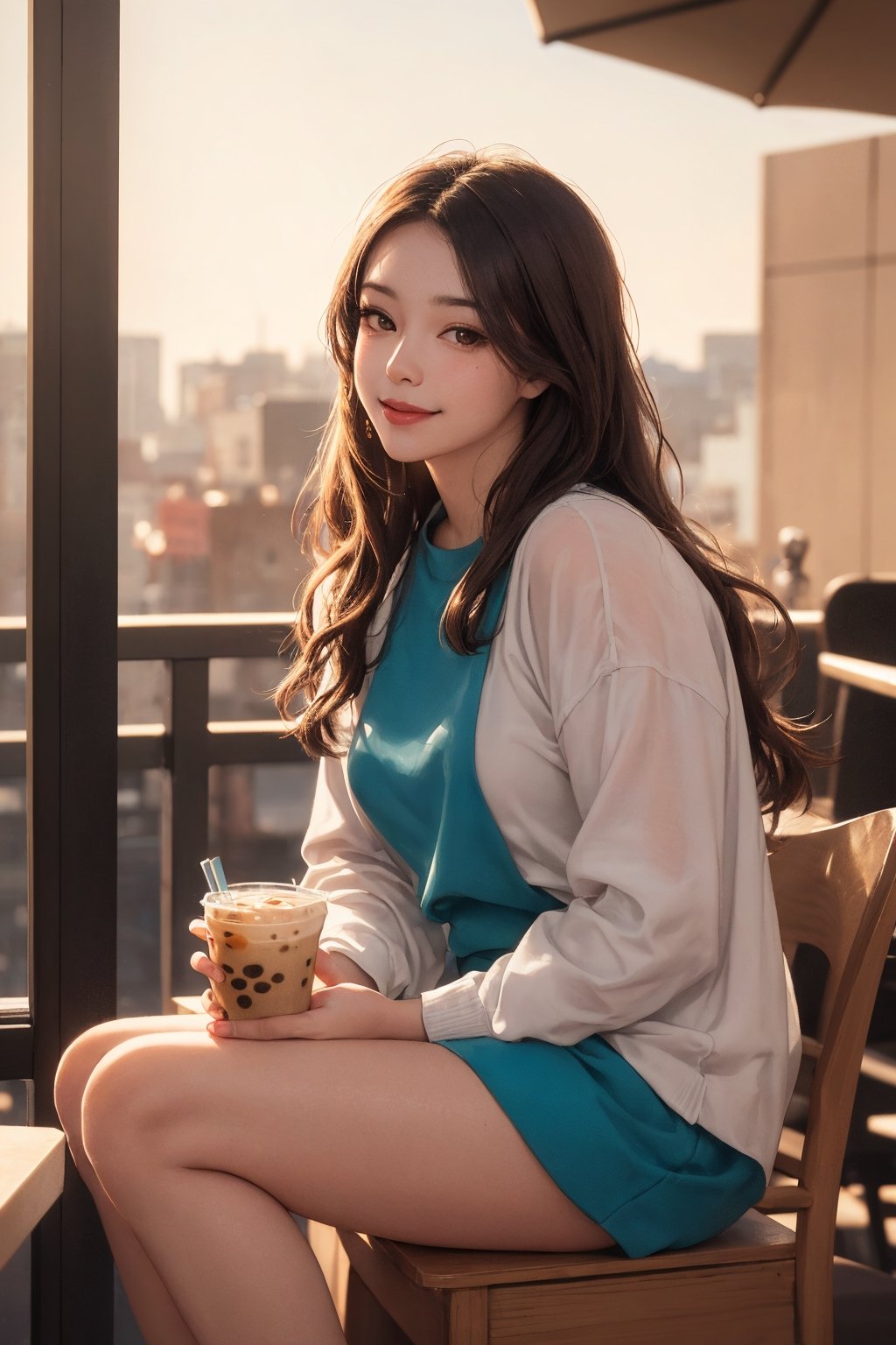 realistic, (masterpiece, best quality:1.2), beautiful and aesthetic, hires, bokeh, depth of field, HDR, godray, golden hour, (dusk),
1girl, sitting in a cafe, boba milk tea, smiling,
Long hairs, glossy coral lips, brunette, brown eyes,