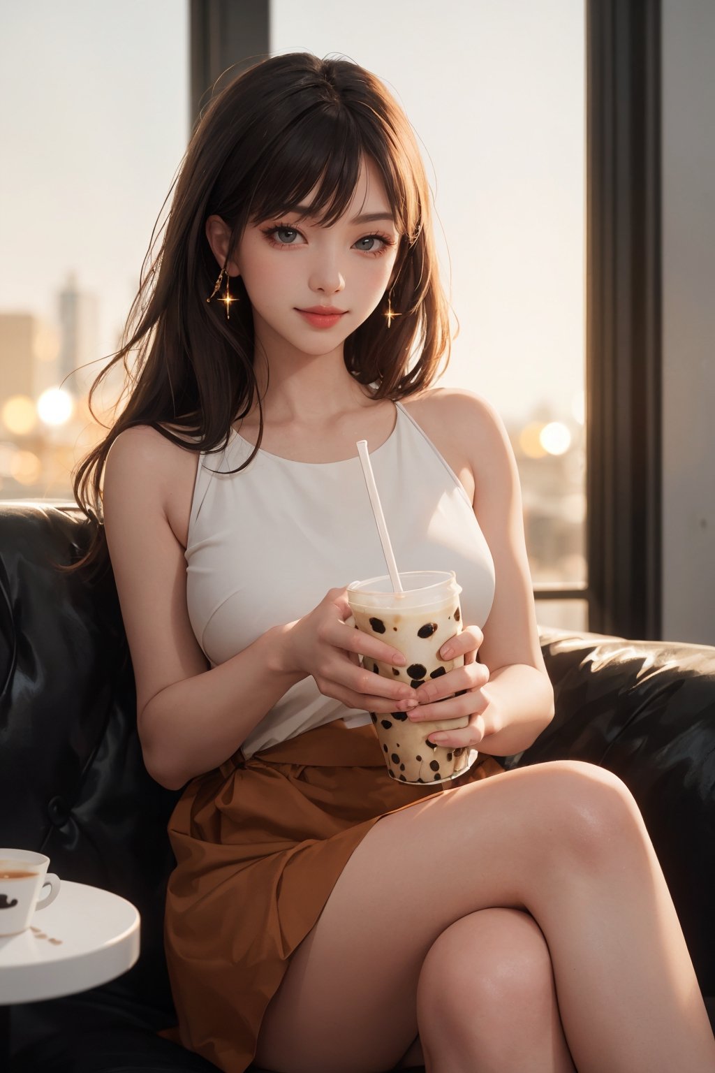 realistic, (masterpiece, best quality:1.2), beautiful and aesthetic, hires, bokeh, depth of field, HDR, godray, golden hour, (dusk),
1girl, sitting in a cafe, boba milk tea, smiling,
Long hairs, glossy coral lips, brunette, brown eyes,