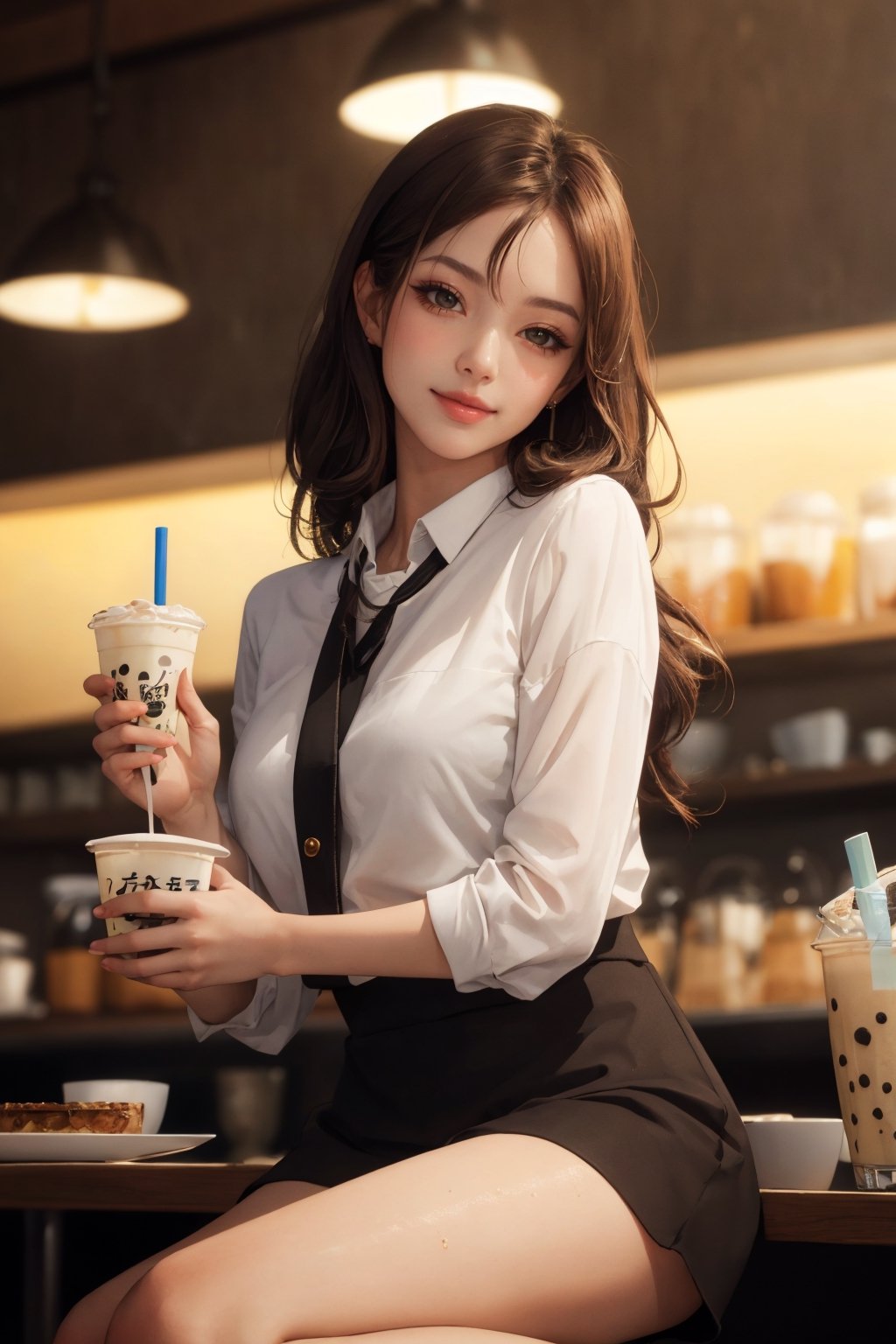 realistic, (masterpiece, best quality:1.2), beautiful and aesthetic, hires, bokeh, depth of field, HDR, godray, golden hour, (dusk),
1girl, sitting in a cafe, boba milk tea, smiling,
Long hairs, glossy coral lips, brunette, brown eyes,