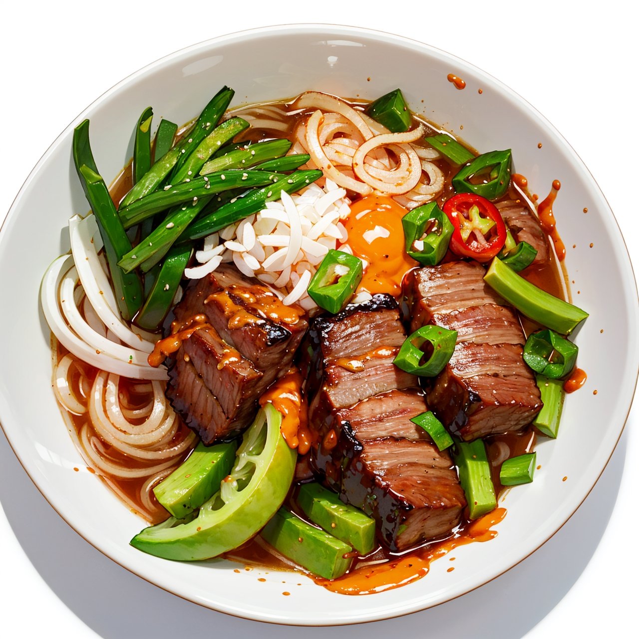 food, food focus, a pho bowl, brisket, hot sauce, spring onion, pepper, vegetables