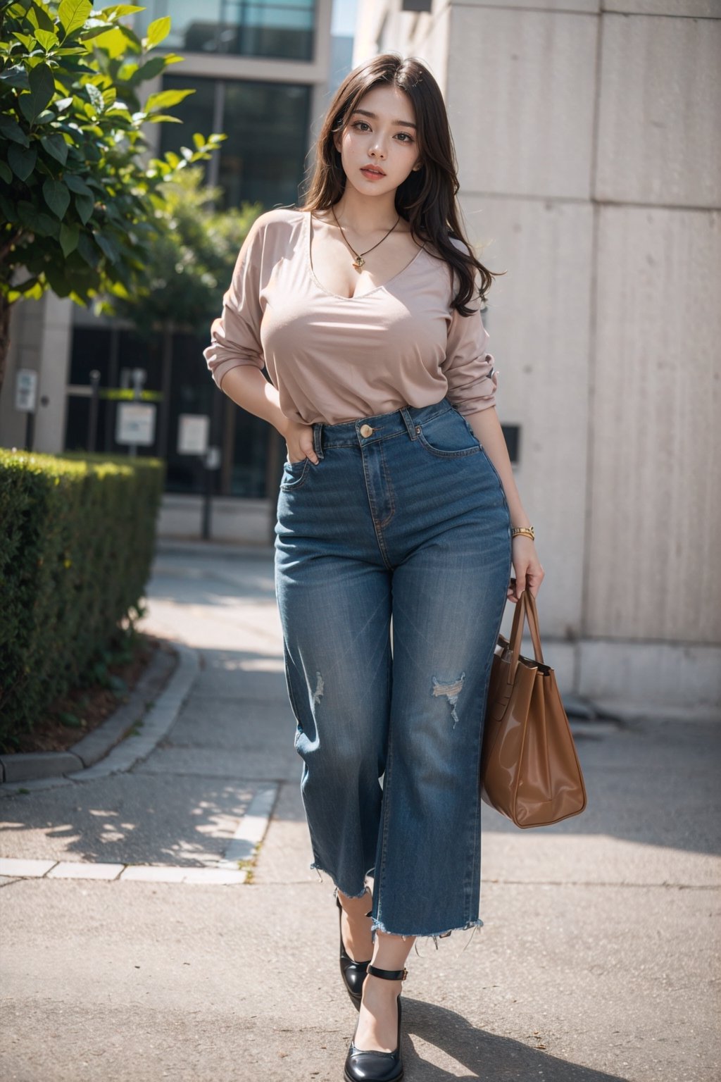 1girl, Culottes, blouse, loafers, tote bag, pendant necklace, posing for a picture, professional photoshoot,
brunette, long hair, huge breasts, wide hips, glossy coral lips, seductive,