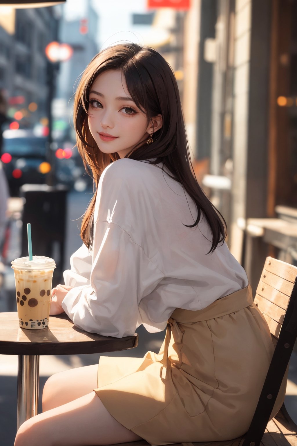 realistic, (masterpiece, best quality:1.2), beautiful and aesthetic, hires, bokeh, depth of field, HDR, godray, golden hour, (dusk),
1girl, sitting in a cafe, boba milk tea, smiling,
Long hairs, glossy coral lips, brunette, brown eyes,