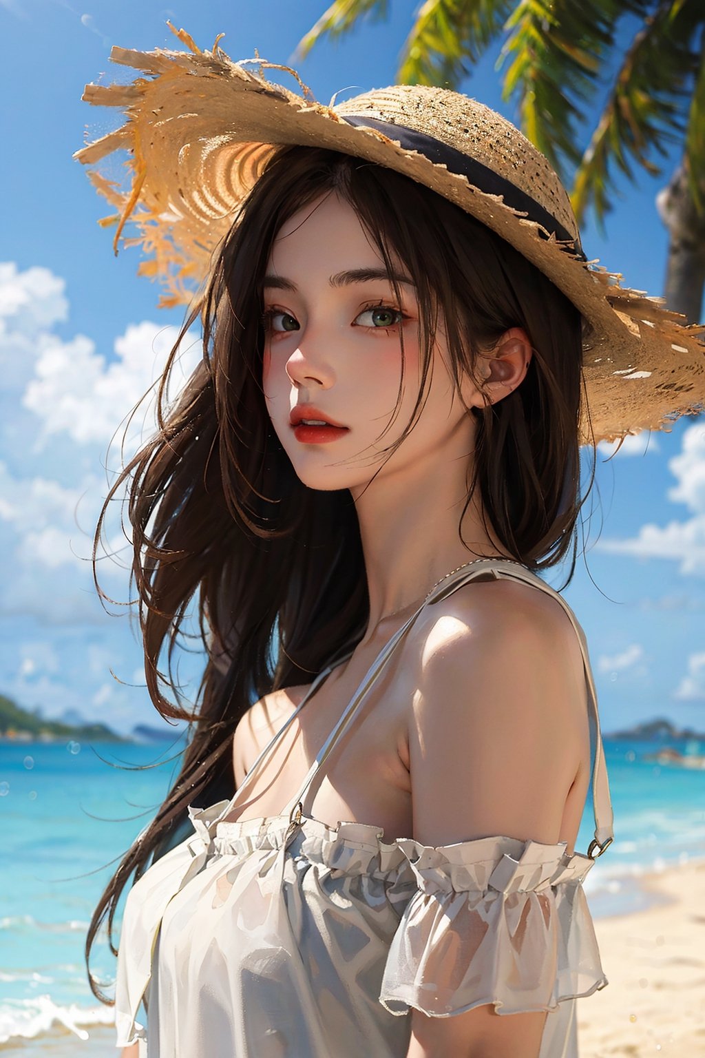 ((masterpiece, best quality, detailed)), (realistic:1.3), a 20 yo woman, brunette, sundress, straw hat, at the beach