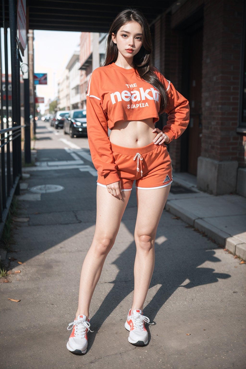 1girl, Oversized sweatshirt, biker shorts, and sneakers, posing for a picture, professional photoshoot,
brunette, long hair, huge breasts, wide hips, glossy coral lips, seductive,
