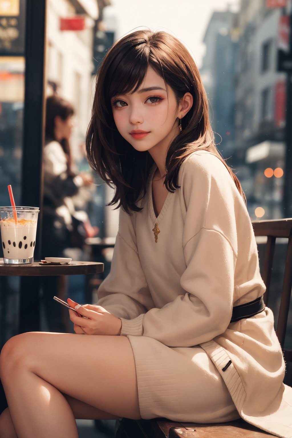 realistic, (masterpiece, best quality:1.2), beautiful and aesthetic, hires, bokeh, depth of field, HDR, godray, golden hour, (dusk),
1girl, sitting in a cafe, boba milk tea, smiling,
Long hairs, glossy coral lips, brunette, brown eyes,