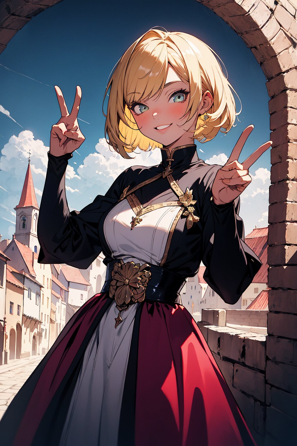 Absurd, High resolution, Super detailed, (1 girl: 1.3), wink,peace signs, Blonde hair, Bob hair, Summer Dress, Medieval European town, Surreal scenery,Fantastic glow, Vibrant color