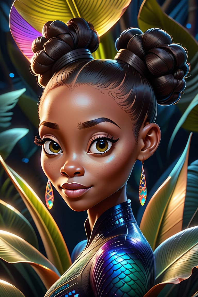 Best quality, high-res, Stylized Disney Pixar style caricature of a Black woman with exaggerated features, large eyes, and high cheekbones. Hair is in a bun, wearing a textured black top.  rendered in a stylistic and detailed illustration, prismatic, neuron art, illuminated, photorealistic
Cinematic results,  intricate ultra detailed portrait picture of a mulatto woman-axolotl hybrid with glowing fractal scales, work of beauty and complexity, 8kUHD, banana leaves background ,ColorART