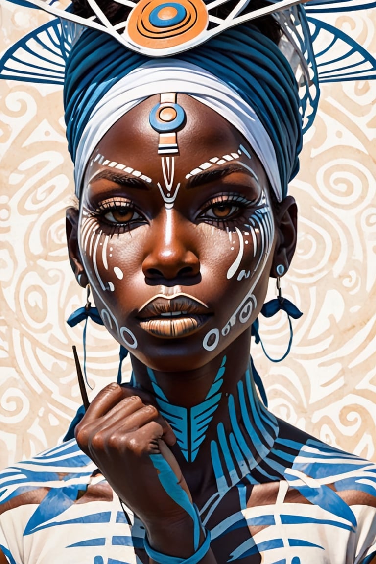 In front of a colorful sunset stands a mysterious African female deity with dark skin. Adorned in intricate white tribal body paint, they wear a wide-brimmed straw hat that casts a shadow over their face. They hold a bow with an arrow nocked, ready to defend their tribe.