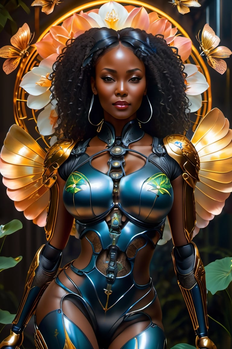 A unreal engine, hyper-realistic cyberpunk oil painting of a full body African woman wearing a latex tight catsuit with chrome dragonfly wings, meditating and hovering in the lotus position in the style of Boris Vallejo, Julie Bell, Wlop and trending style of artgerm