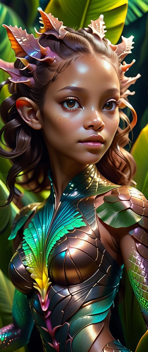 Cinematic results,  intricate ultra detailed portrait picture of a dark bronze pigment woman-axolotl hybrid with glowing fractal scales, work of beauty and complexity, 8kUHD, banana leaves background ,ColorART