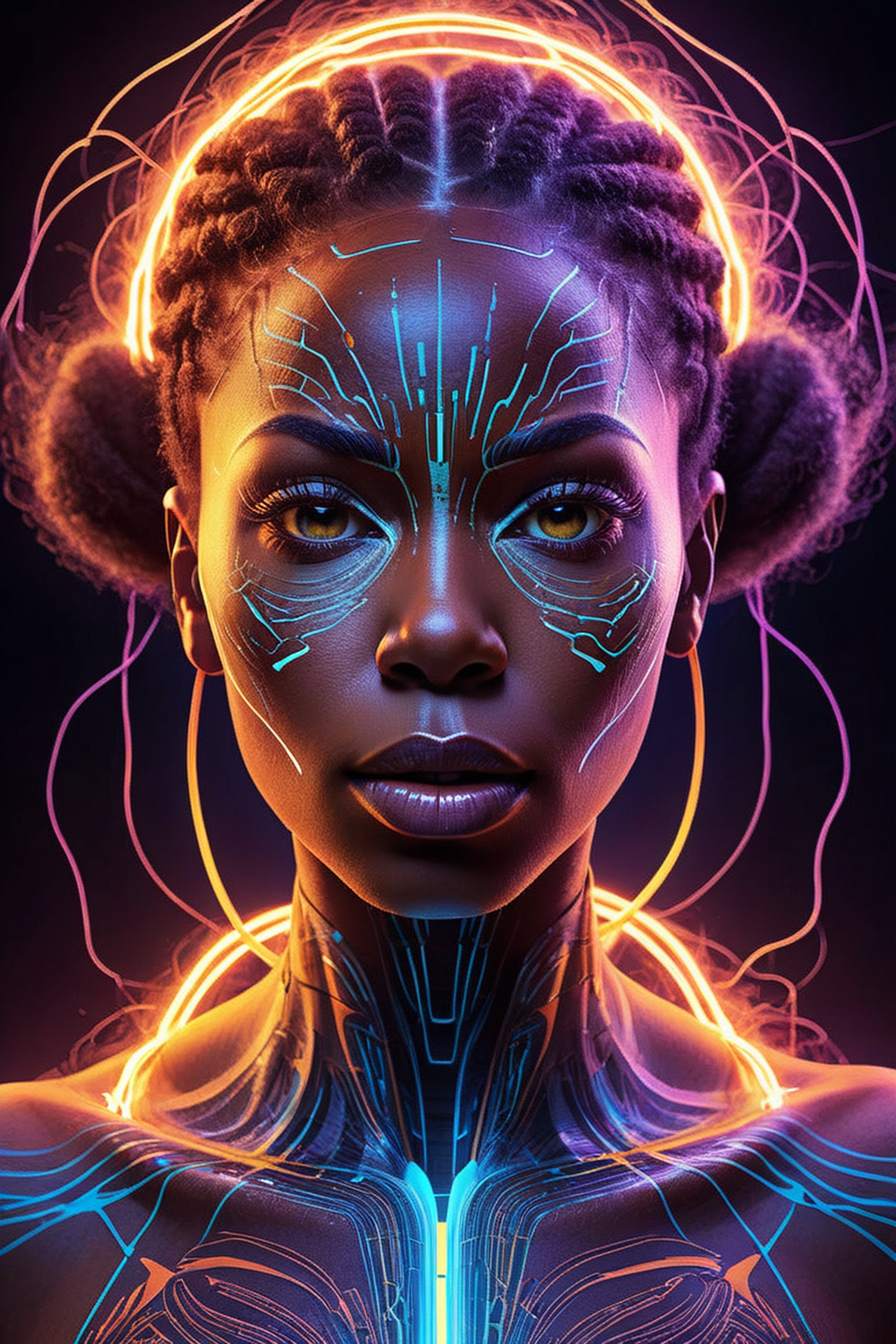 Get lost in the mesmerizing world of this electric circuit-inspired prompt. A powerful African-American woman's face, crafted with visionary art, is illuminated by electric sparks. Her symmetrical features and intense expression give off a sci-fi feel, while the ultra-detailed rendering and psychedelic colors add a touch of otherworldly beauty