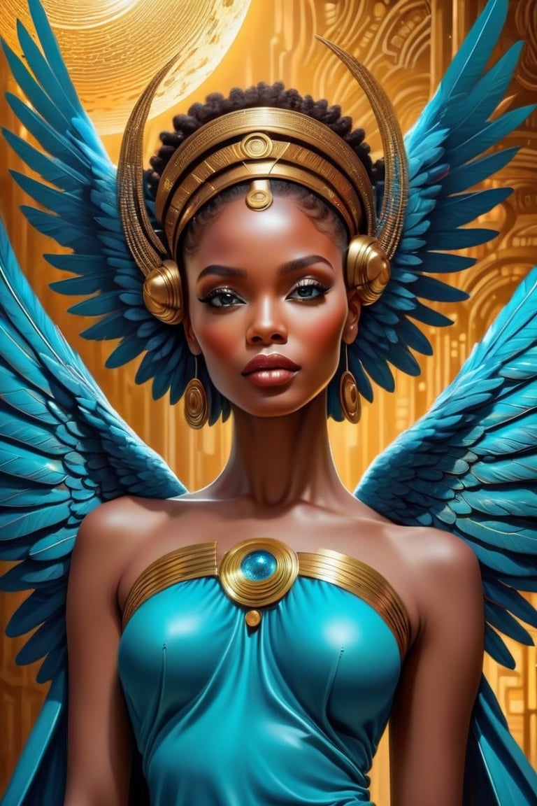  An angelic african woman with blue wings ::holds up the earth with her hands::2.0, in the style of cyril rolando, highly detailed foliage, serene faces, solarizing master, naturalistic bird portraits, dark cyan and gold, mythological symbolism, in the style of realistic hyper-detailed portraits, flawless line work, airbrush art, harlem renaissance, subtle tonal values, beautiful women, limited color range
, in the style of realistic hyper-detailed portraits, flawless line work, airbrush art, harlem renaissance, subtle tonal values, beautiful women, limited color range
 Dark Gold tribal face with Tribal on it, in the style of futuristic space elements Scorn glamour, animated gifs, stefan gesell, algorithmic artistry, android jones, tim hildebrandt, pop art with a dark sine of the moon Scorn Hr Giger 