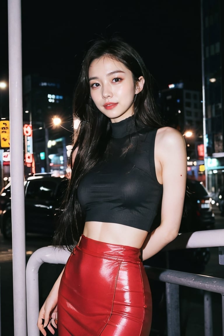 (intimate photo), 1girl,  busty slender Korean girl K-pop idol, long hair,  instagram model,  50mm, flash photography,  real life, cute face, tight thin form fitting crop top emphasizing her large bust and pencil skirt , in Seoul city, at night, tight waist 