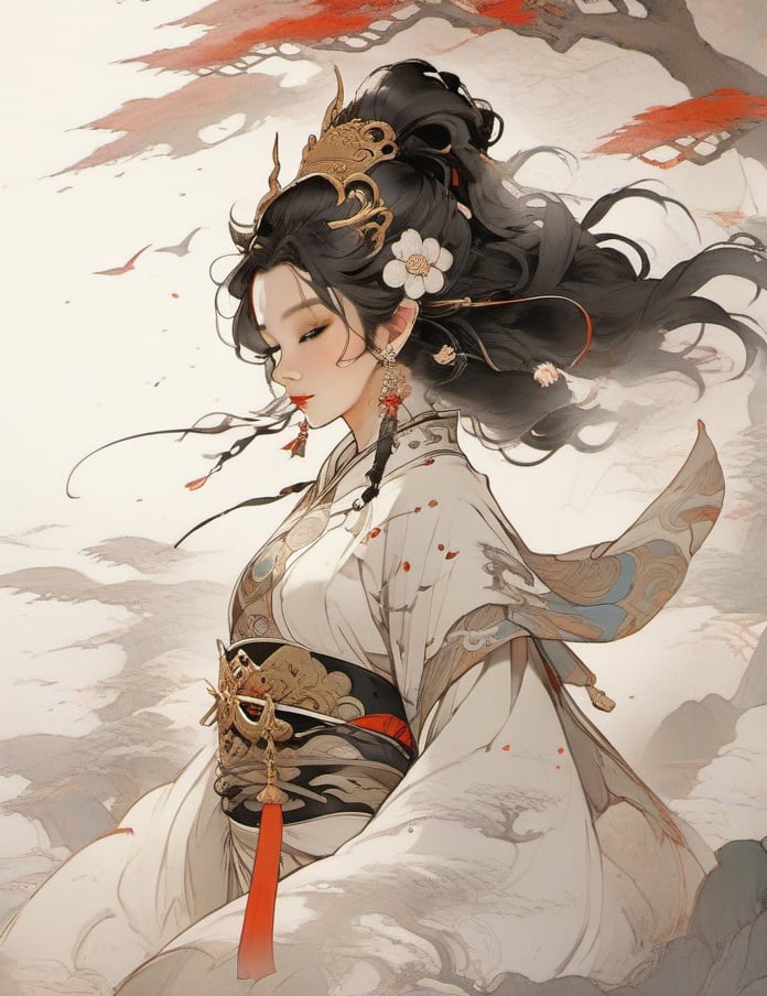 1girl, solo, hair ornament, bug, braid, jewelry, long hair, black hair, flower, chinese clothes, earrings, upper body, long sleeves, from side, dress
,mythical clouds