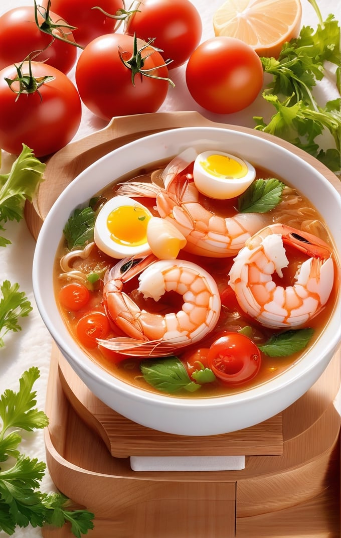 masterpiece, best qualitybowl, egg, food, food focus, fruit, meat, no humans, onion, plate, rice, shrimp, simple background, soup, still life, tomato, vegetable, white background