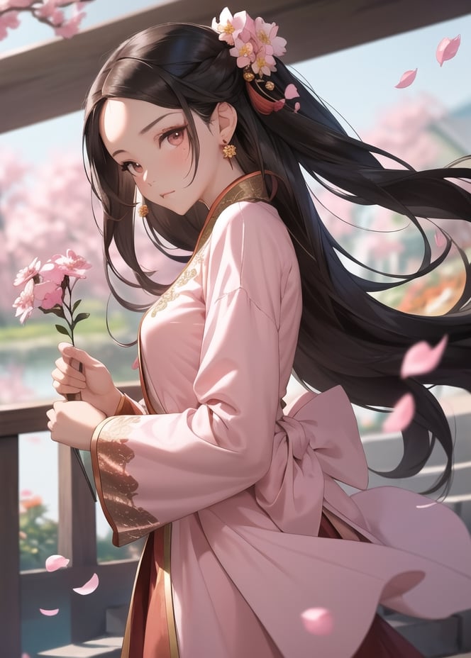 masterpiece, best quality1girl, black hair, blurry, blurry background, brown hair, chinese clothes, closed mouth, dress, earrings, facial mark, falling petals, flower, forehead mark, from side, hair ornament, holding, holding flower, jewelry, long hair, long sleeves, looking at viewer, petals, pink dress, solo, stairs, upper body