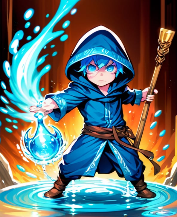 1boy, blue eyes, casting spell, chibi, hood, male focus, mask, solo, staff, water, weapon