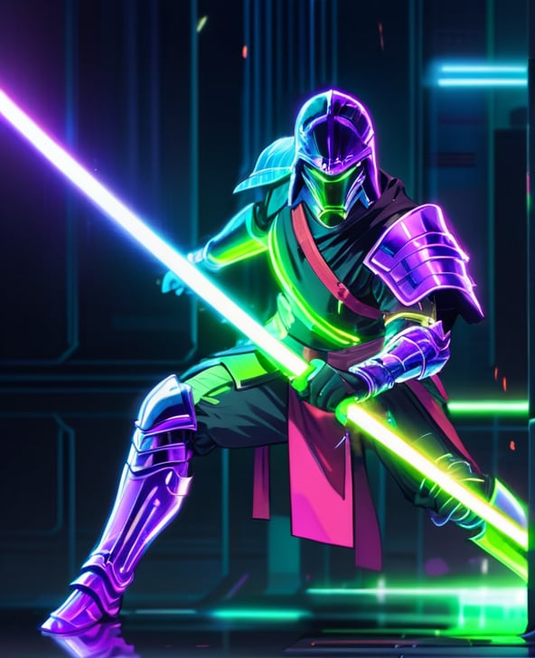 1boy, armor, energy sword, glowing, glowing sword, glowing weapon, helmet, holding, holding sword, holding weapon, lightsaber, male focus, neon style, one knee, purple theme, solo, sword, weapon