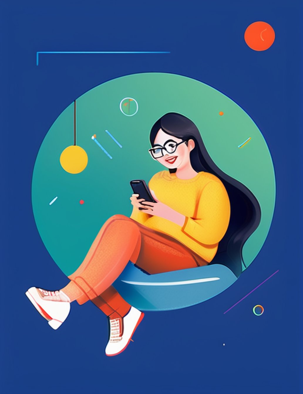 illustration, flat design, 1girl, solo, black hair, phone, holding, pants, long hair, holding phone, sitting, glasses, flat color, circle, closed eyes, blue pants, smile, long sleeves, limited palette

