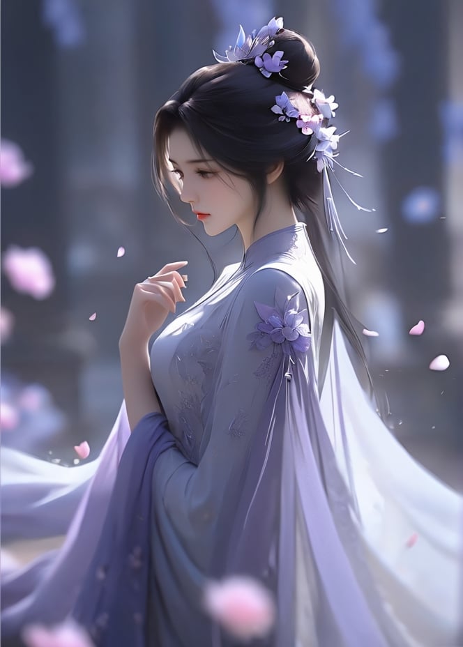 masterpiece, best quality1girl, black hair, blurry, blurry background, closed mouth, dress, expressionless, falling petals, flower, from side, hair bun, hair flower, hair ornament, long hair, looking at viewer, petals, solo, upper body, white dress