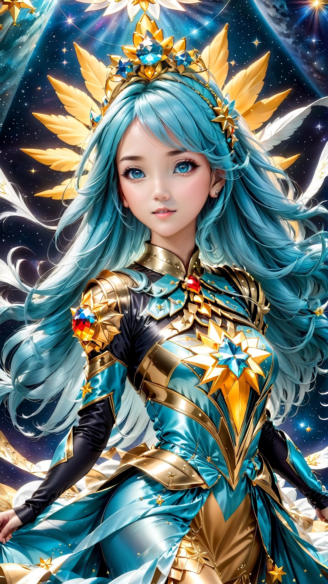 Hasilkan photo real version dari karakter ((Rosalina)) yg berasal dari Video Games, wajah European Girl, Rosalina tampil dengan busana Star Dress, mata warna cyan eyes, nama model rambutnya klo kata org bule (large bang of her hair covers her right eye), star fragment cover, star galaxy background, mahkota crown princess dengan yellow star jewel, expression cute dan centil bak mempesona, tampak utuh full body, tampilan gemoy feminine, photo ini harus terlihat seperti di photo studio dan diambil oleh the best cameraman terbaik seantero jagat untuk menghasilkan komposisi gambar yang memuaskan setiap mata yang melihatnya. 
"hahahaha... I love Indonesia" :p