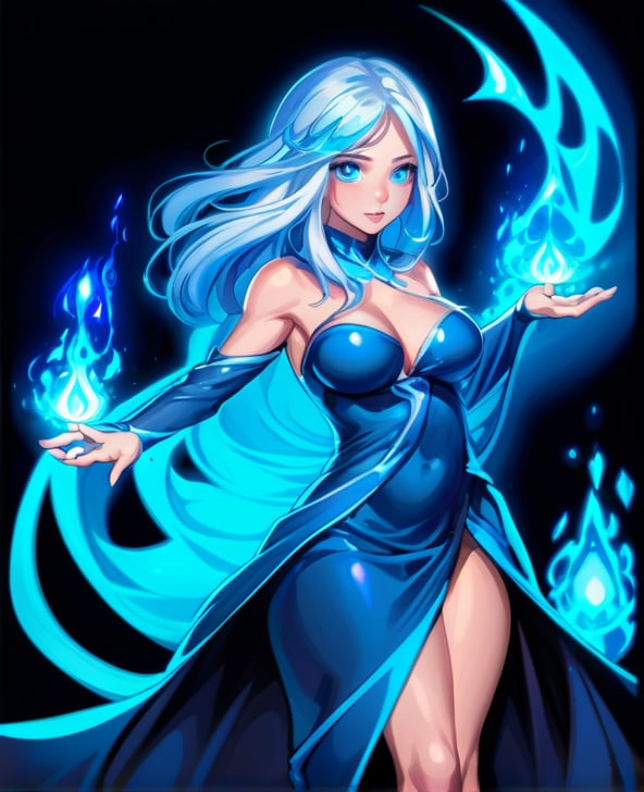 1girl, black background, blue eyes, blue skin, blue theme, breasts, casting spell, colored skin, dress, glowing, long hair, looking at viewer, medium breasts, simple background, solo, white hair