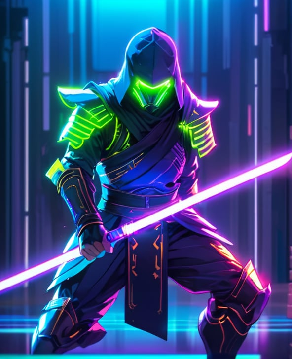 1boy, armor, energy sword, glowing, glowing sword, glowing weapon, helmet, holding, holding sword, holding weapon, lightsaber, male focus, neon style, one knee, purple theme, solo, sword, weapon