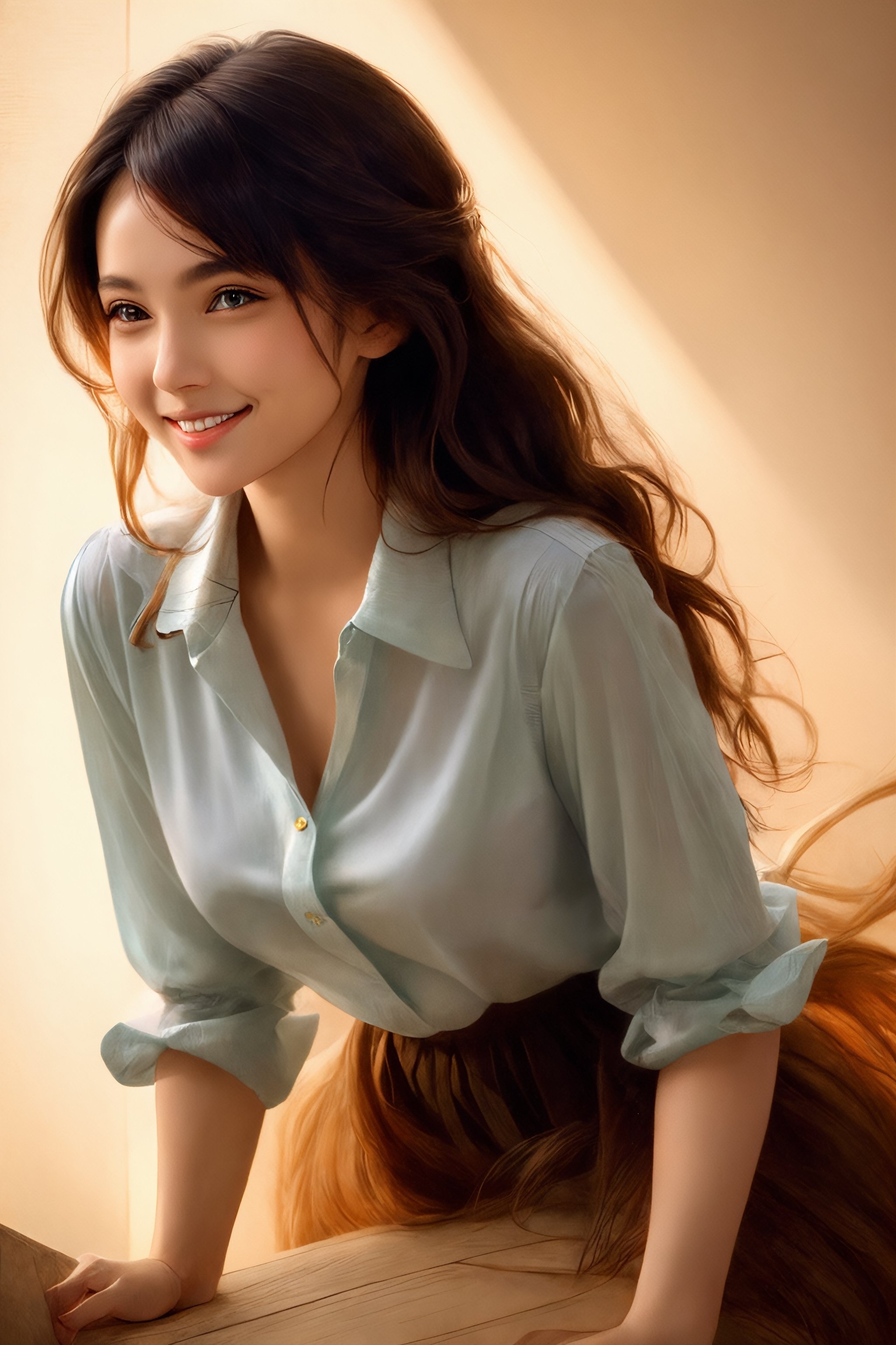 masterpiece,  best quality,  photorealistic,  raw photo,  1girl,  long hair,  medium breast,  collared blouse,  light smile,  detailed skin,  pore,  low key
