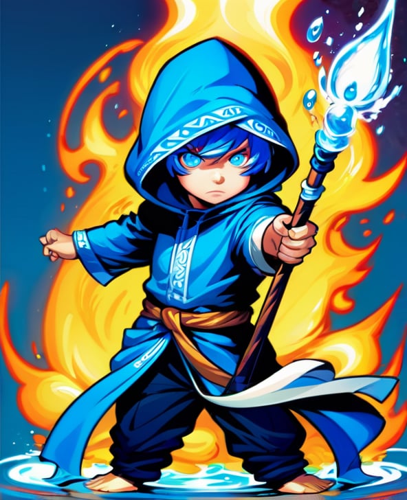 1boy, blue eyes, casting spell, chibi, hood, male focus, mask, solo, staff, water, weapon