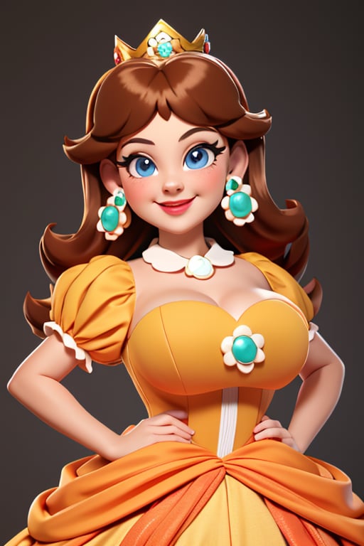 whole body, all pose, full view, orange dress, square neckline, bare shoulders, crown, puffy sleeves, brooch, earrings, smile, lipstick, from front, looking sideways, looking at viewer, huge breasts,