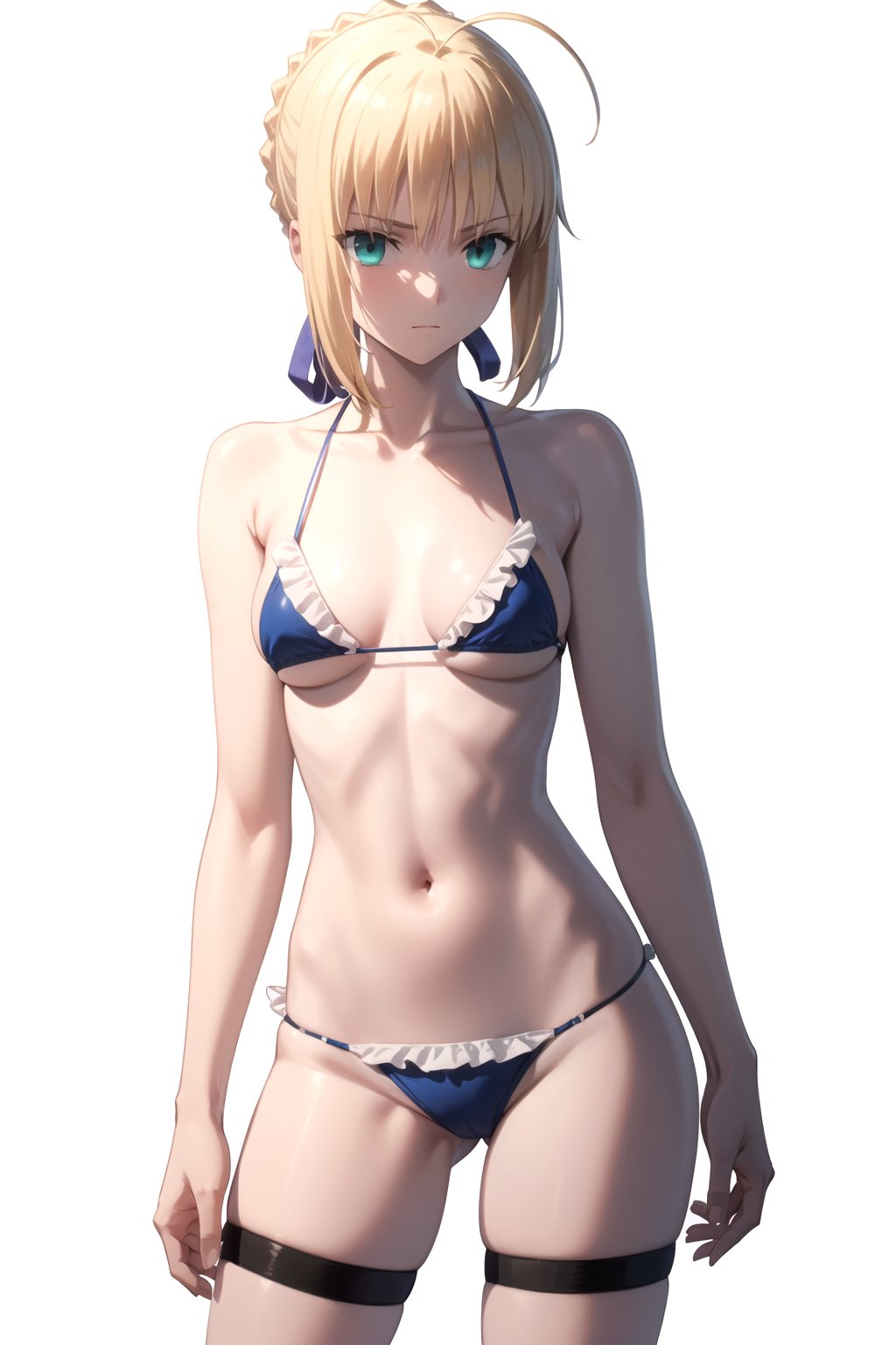 //Quality,
masterpiece, best quality
,//Character,
1girl, solo
,//Fashion,
,//Background,
white_background, simple_background, blank_background
,//Others,
,phSaber, phAltoria, micro_bikini, thigh_straps, hair down, blurry, frills,