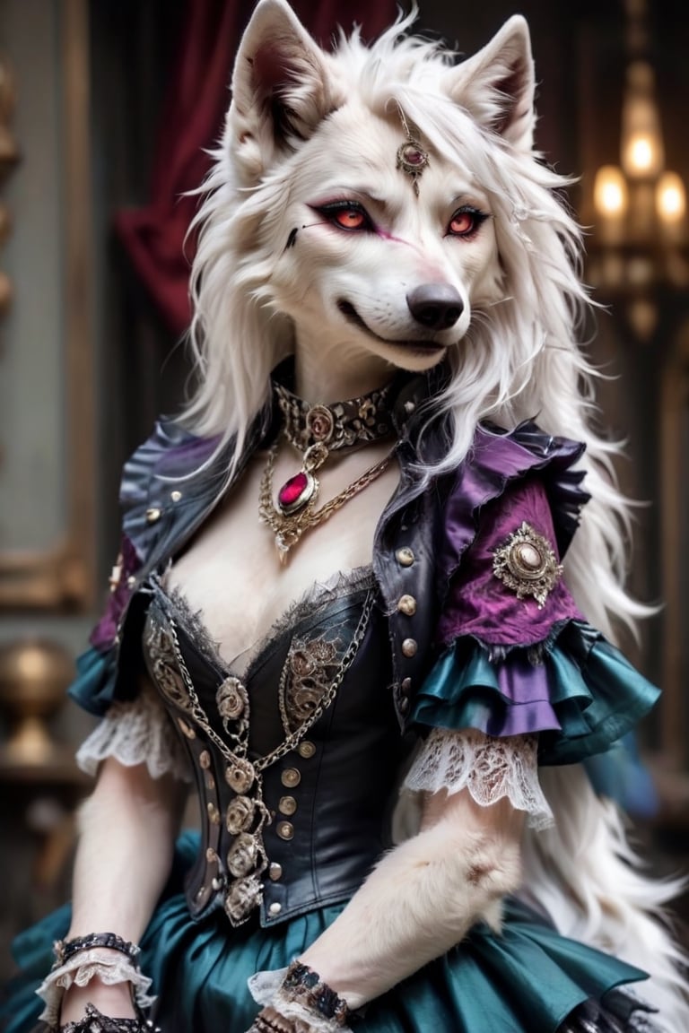 albino wolf lady, is dressed in a captivating blend of Baroque and punk fashion styles. Her attire features ornate Baroque-inspired garments with intricate lace, ruffles, and embellishments, reminiscent of royalty from the Baroque era. However, the traditional elements are juxtaposed with edgy punk accents, such as leather straps, spikes, and chains, adding a rebellious and modern twist to her ensemble. The color palette includes rich jewel tones and metallic hues, enhancing the opulent yet rebellious aesthetic. ,photo_b00ster,ct-niji2,Loona