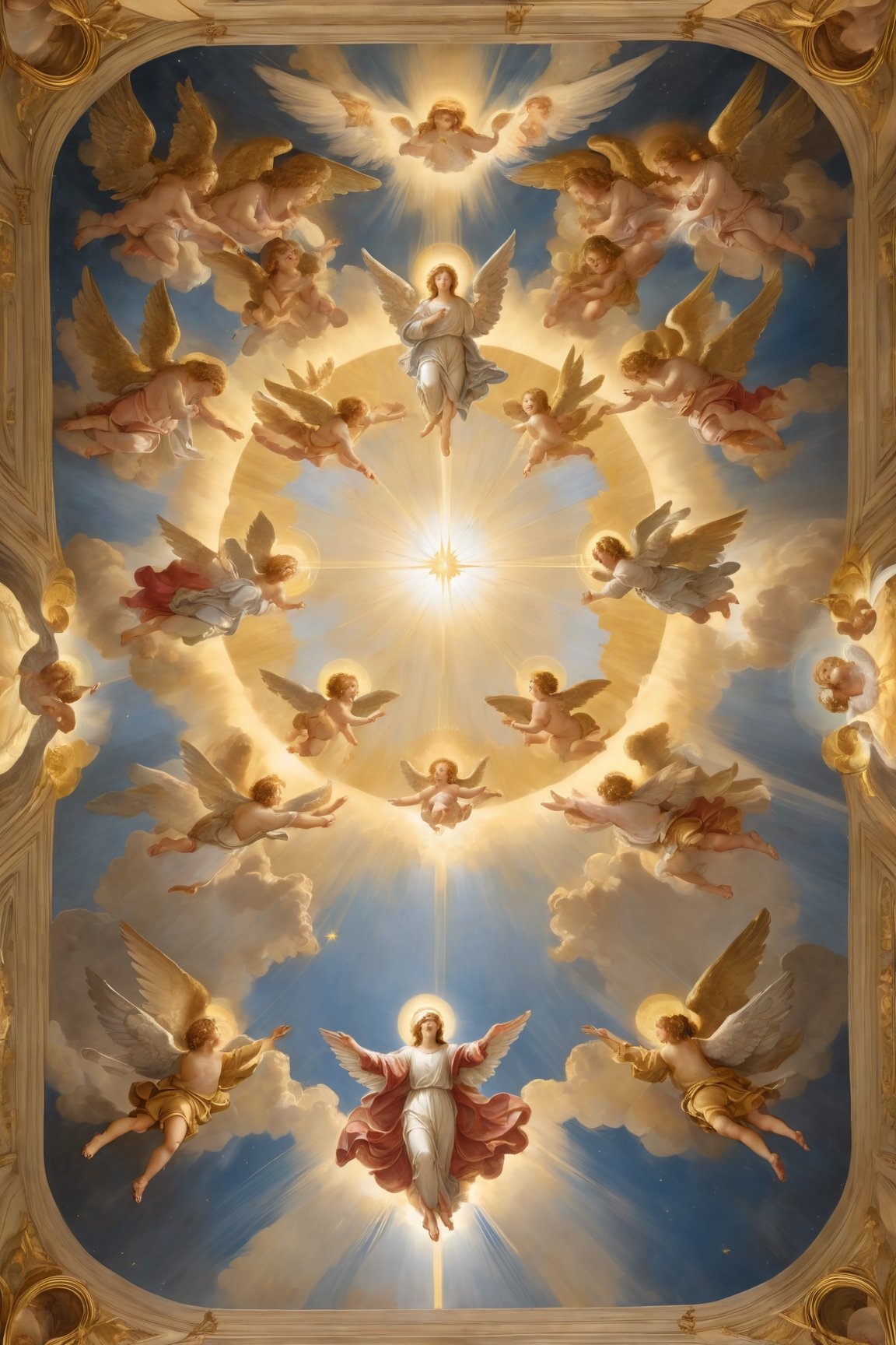 The ceiling of this majestic church, a magnificent ceiling painting depicting angels, is a masterpiece of artistry: the quadratura painting method. The celestial scene that spreads across the ceiling is a symphony of light and shadow that evokes depth and grandeur. In the center of the composition, angels descend from the heavens, their radiant forms bathed in golden light, radiating serenity and grace. With outstretched wings and ethereal halos, they stand in defiance of the darkness that invades them.