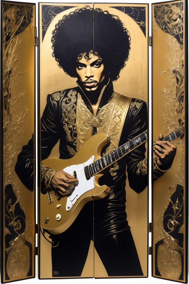 2D,Prince Rogers Nelson, gold tempera painting, gold leaf and gold and black ink folding screen with a heavy metal guitarist as the subject. Dynamic use of gold leaf and gold and black ink, the guitarist surrounded by intricate metal-like motifs, expresses energy and passion, combining the traditional elegance of the folding screen with the intensity of heavy metal music,