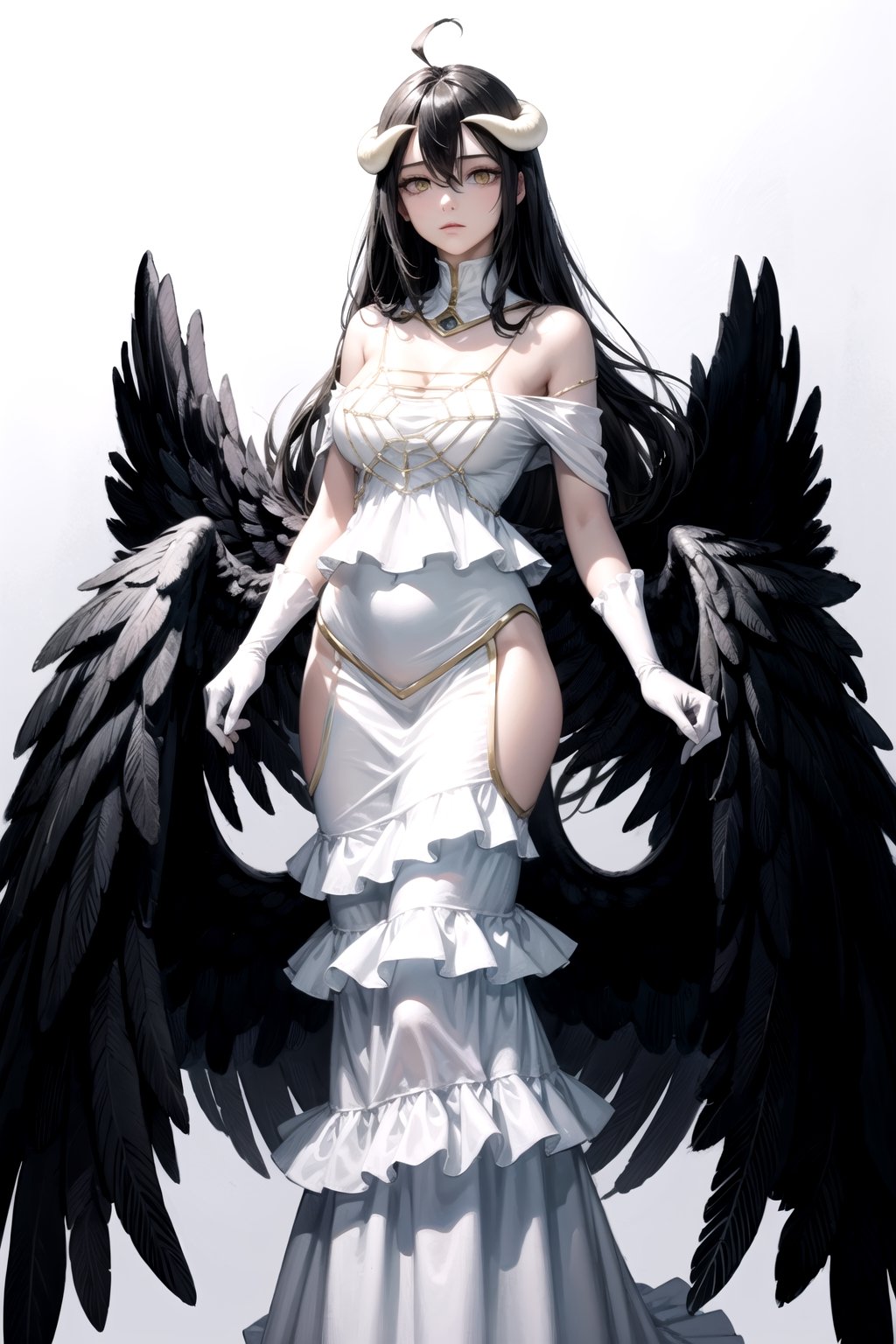 //Quality,
masterpiece, best quality
,//Character,
1girl, solo
,//Fashion,
,//Background,
white_background
,//Others,
,al1, demon horns, white gloves, white dress, bare shoulders, detached collar, cleavage, slit pupils, black wings, feathered wings, low wings,white dress,detached collar, full_body