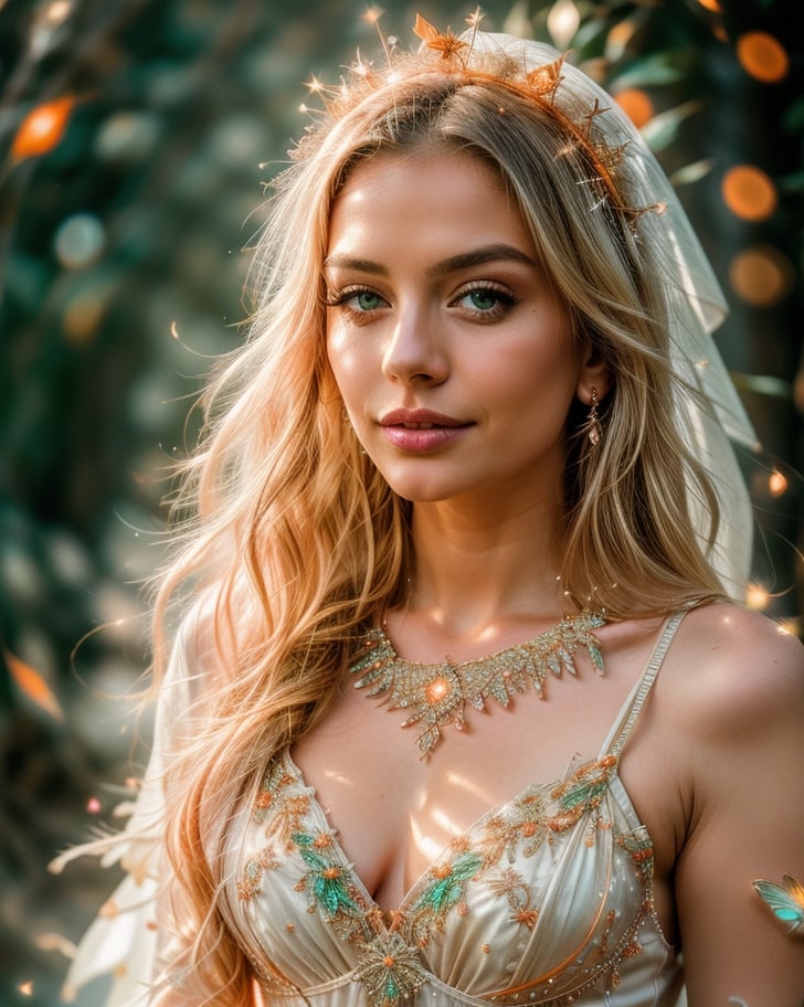 Story, sparkling beautiful eyes, blonde hair, bride posing under a fairy tale, elaborate scene style, glitter, orange, realistic style, 8k,exposure blend, medium shot, bokeh, (hdr:1.4), high contrast, (cinematic, dark orange and white film), (muted colors, dim colors, soothing tones:1.3), low saturation, (hyperdetailed:1.2), (noir:0.4),1 girl,yuzu