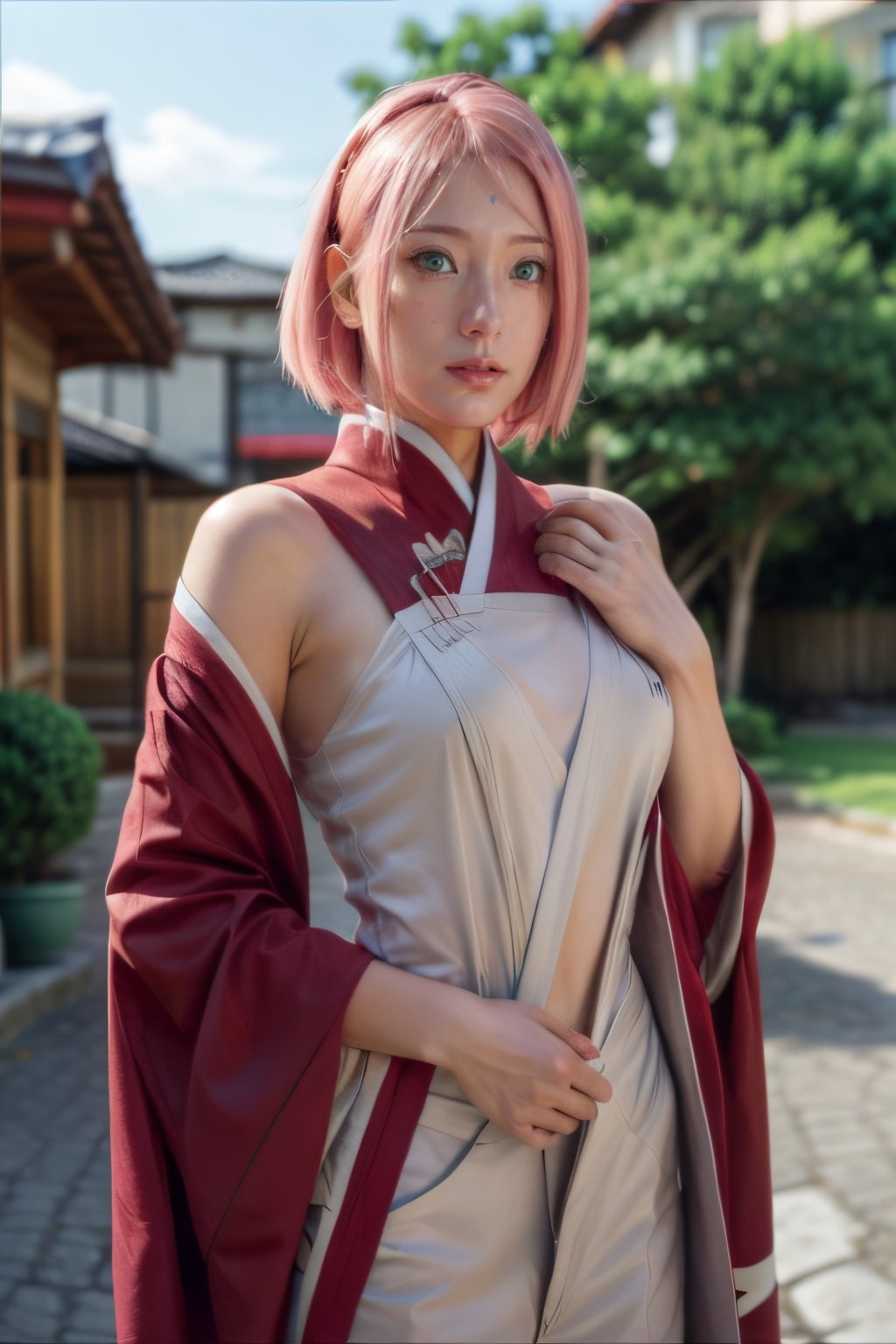 location: detailed background, Japanese village, clothing: Japanese kimono, red kimono, wite pant, hair & face: bangs, pink hair, green ruby eyes, short hair ,perfect eyes, (beautiful_face:1.5), Beautiful Nose role lock: 1 girl, Solo, Manga, mature female, Beautiful character design, lustrous skin, the expression: (innocent_big_eyes:1.0), quality: official art, extremely detailed CG unity 8k wallpaper, perfect lighting, Colorful, Bright_Front_face_Lighting, (masterpiece:1.0),(best_quality:1.0), ultra high res,4K,ultra-detailed, photography, 8K, HDR, highres, absurdres :1.2 , Kodak portra 400, film grain, blurry background, bokeh:1.2, lens flare, (vibrant_color:1.2) , body: (Beautiful,medium_Breasts:1.4), (beautiful_face:1.5),(narrow_waist), Beautiful long legs, Beautiful Finger, others: whisker markings, character: sakura haruno,hourglass body shape,haruno sakura