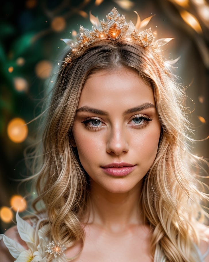 Story, sparkling beautiful eyes, blonde hair, bride posing under a fairy tale, elaborate scene style, glitter, orange, realistic style, 8k,exposure blend, medium shot, bokeh, (hdr:1.4), high contrast, (cinematic, dark orange and white film), (muted colors, dim colors, soothing tones:1.3), low saturation, (hyperdetailed:1.2), (noir:0.4),1 girl,yuzu