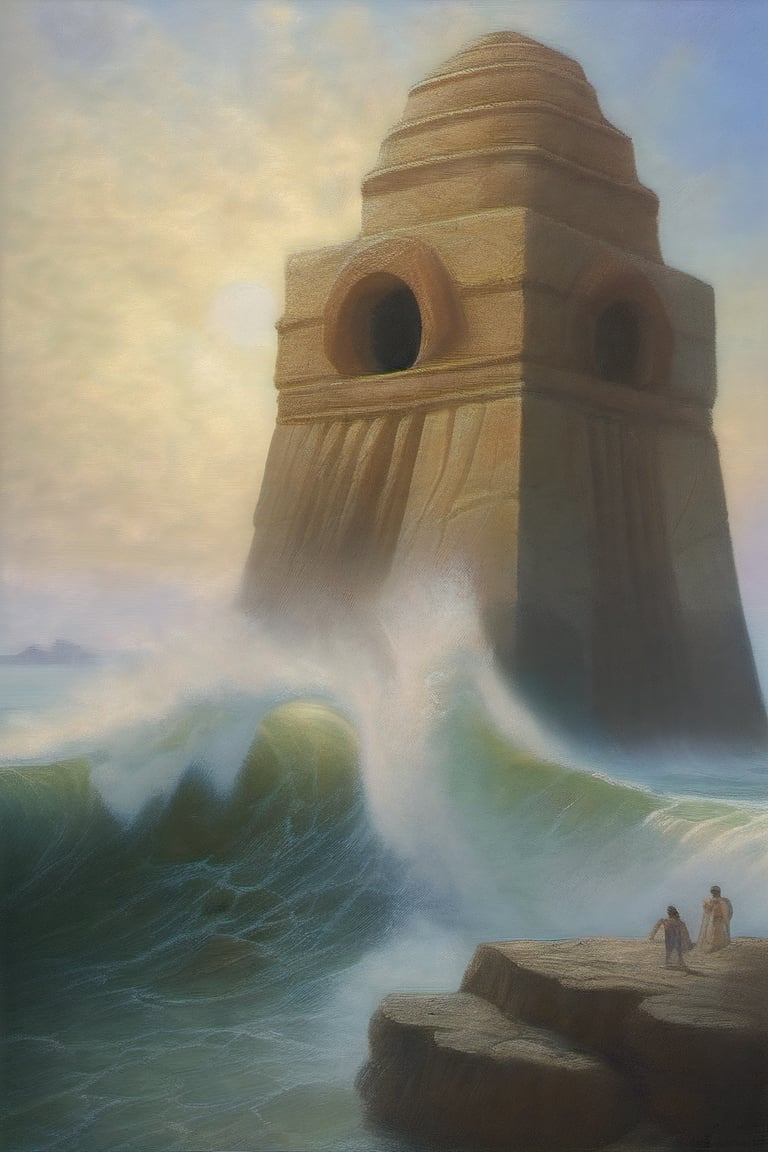 (oil painting), a giant stone golem emerging from the ocean, ancient complex architecture, big wave in the sea, waterfall in golem architecture
, diffused natural light, sunlight, gigantism, (extremly detailed : 1)