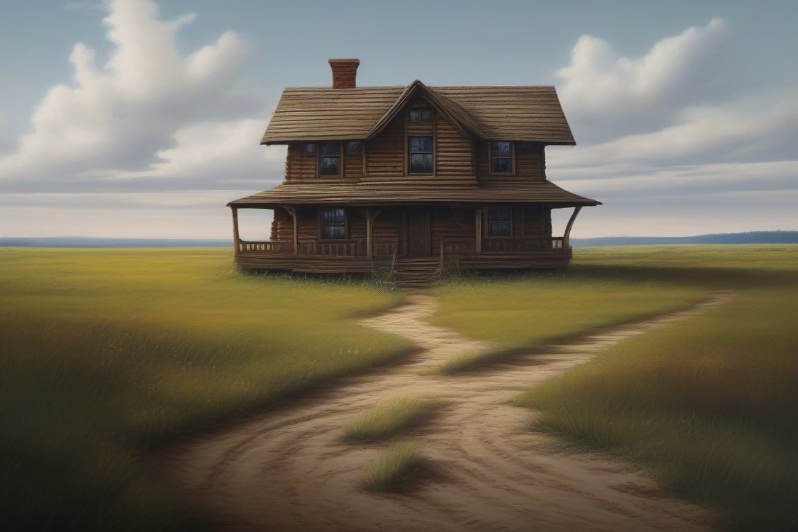 hyper detailed, best quality, masterpiece, liminal spaces, photorealistic, landsape of a strange wooden house in a meadow, dirt road, unframed, surealism