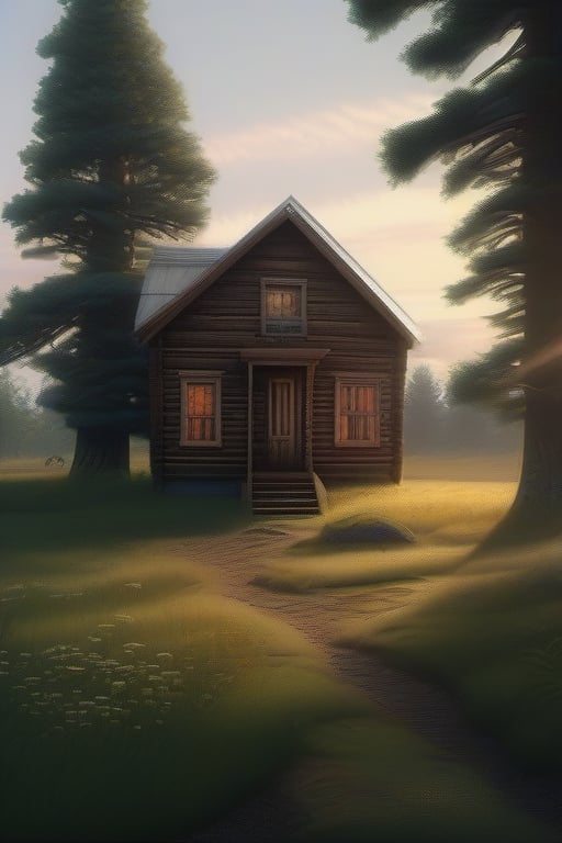 hyper detailed, best quality, masterpiece, liminal spaces, photorealistic, a strange wooden house in a meadow, dirt road, liminal light