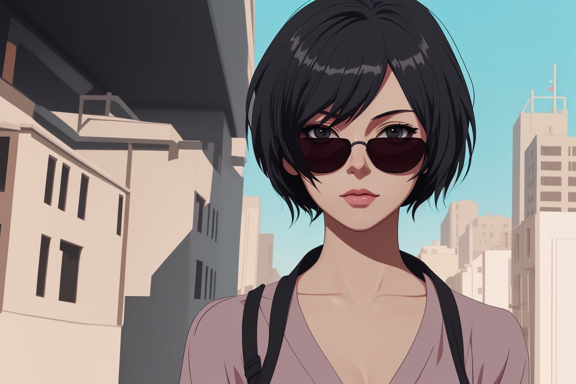 extremly detailed, best quality, anime art style, illustration of a beautiful woman in suite in a city who is looking at the camera, black short hair, sunglasses, cinematografic light, colored background