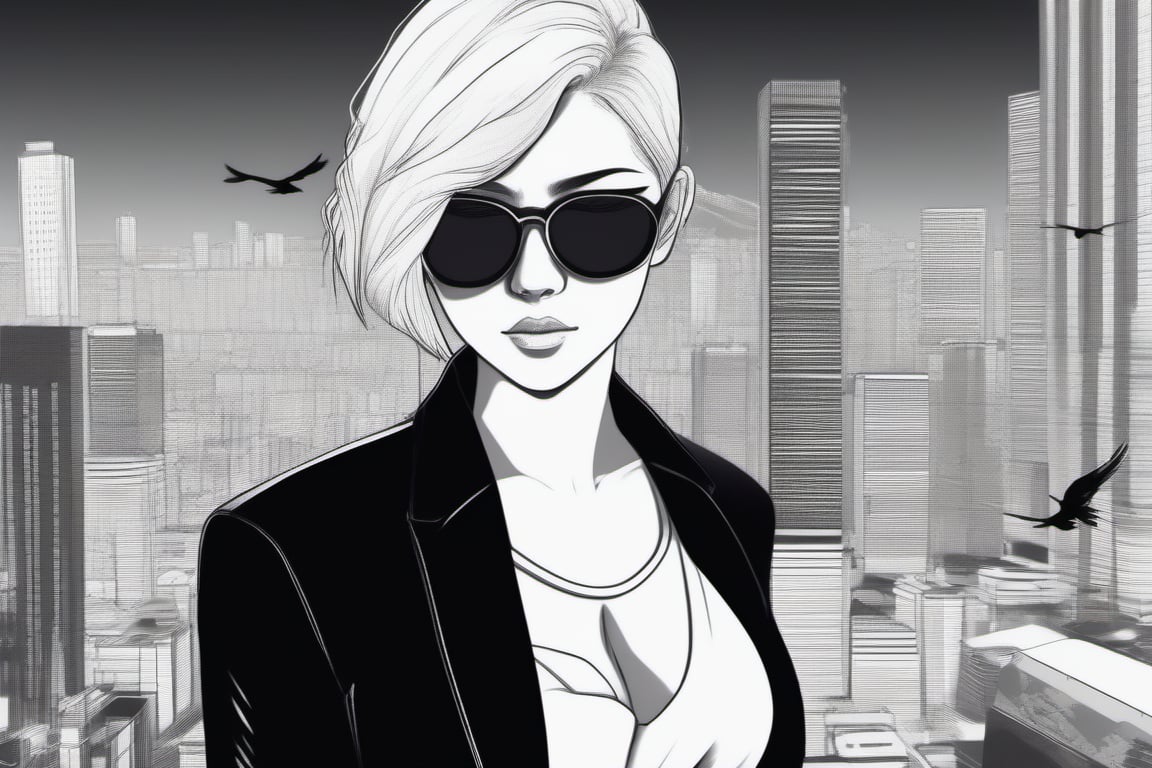 extremly detailed, best quality, anime art style, illustration of a beautiful woman in black and white suite in a city who is looking at the camera, black short hair, sunglasses, bird's eye view, cinematografic light, colored background