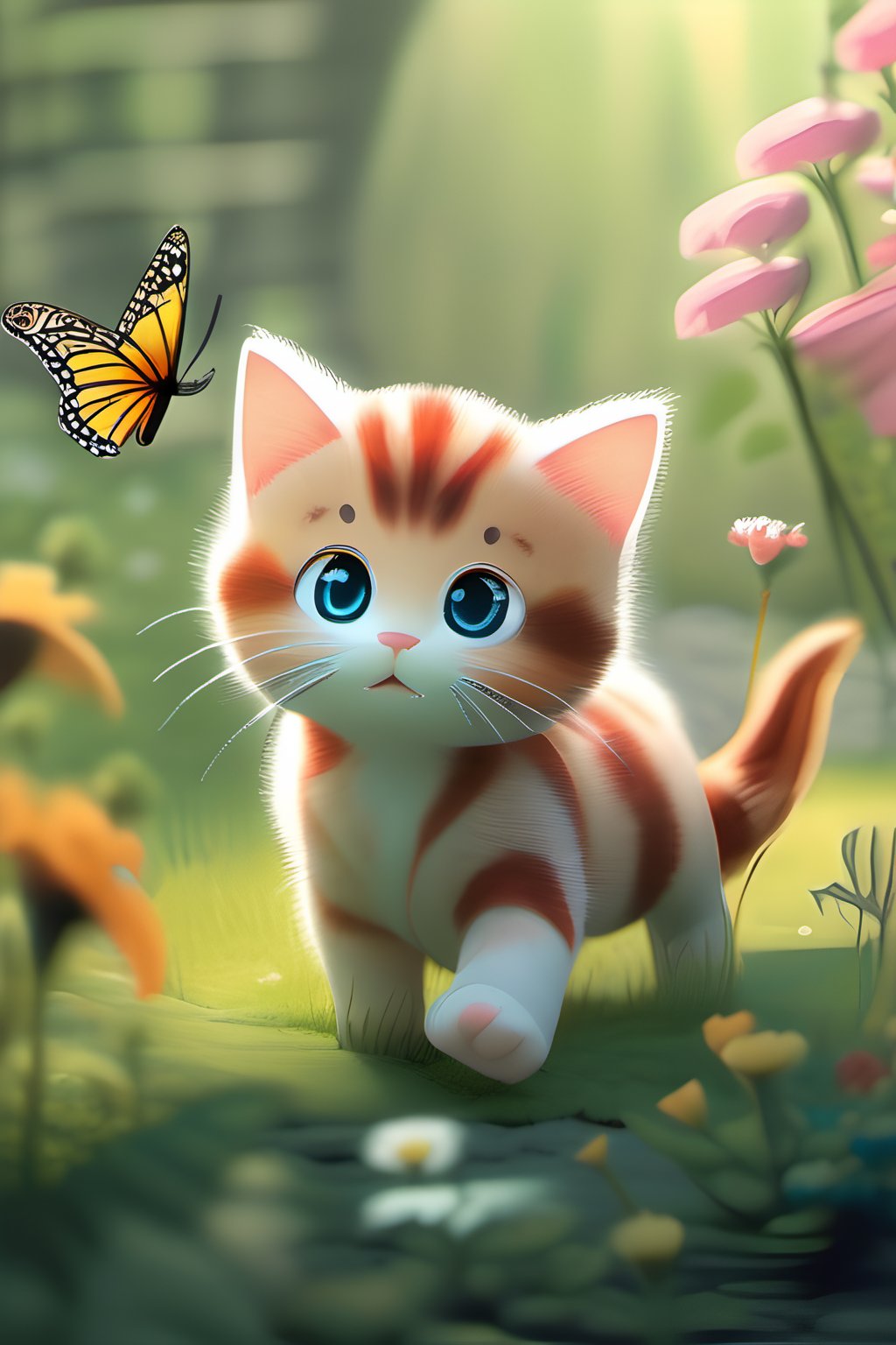 one kitten which is chasing a (butterfly : 2) in the style of (studio ghibli : 5) in a flower garden, natural light, best quality, (studio ghibli detailed like : 5)