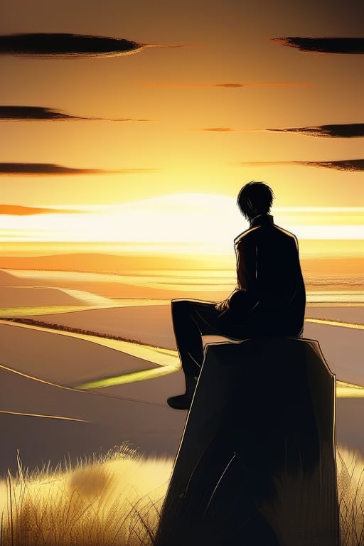 anime and sketch art, a man who has no enemy sitting on a small hill in a plain seen from behind, landscape on a land preserved from war and slavery, plain, tall grass, wind, sunrise, sunlight, natural light, diffused light, tint of yellow, long shot of the plain with the man in the foreground, masterpiece, best quality, absurdity of the existence, indomitable human spirit