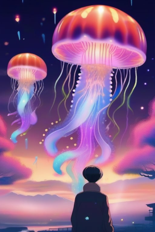 japanese art style, of swarm of flying giant jellyfish in the skies, multicolors, twilight, bioluminescent light, interconnection, freedom, low colored fog, multicolor particle, masterpiece, good quality, extremly detailed