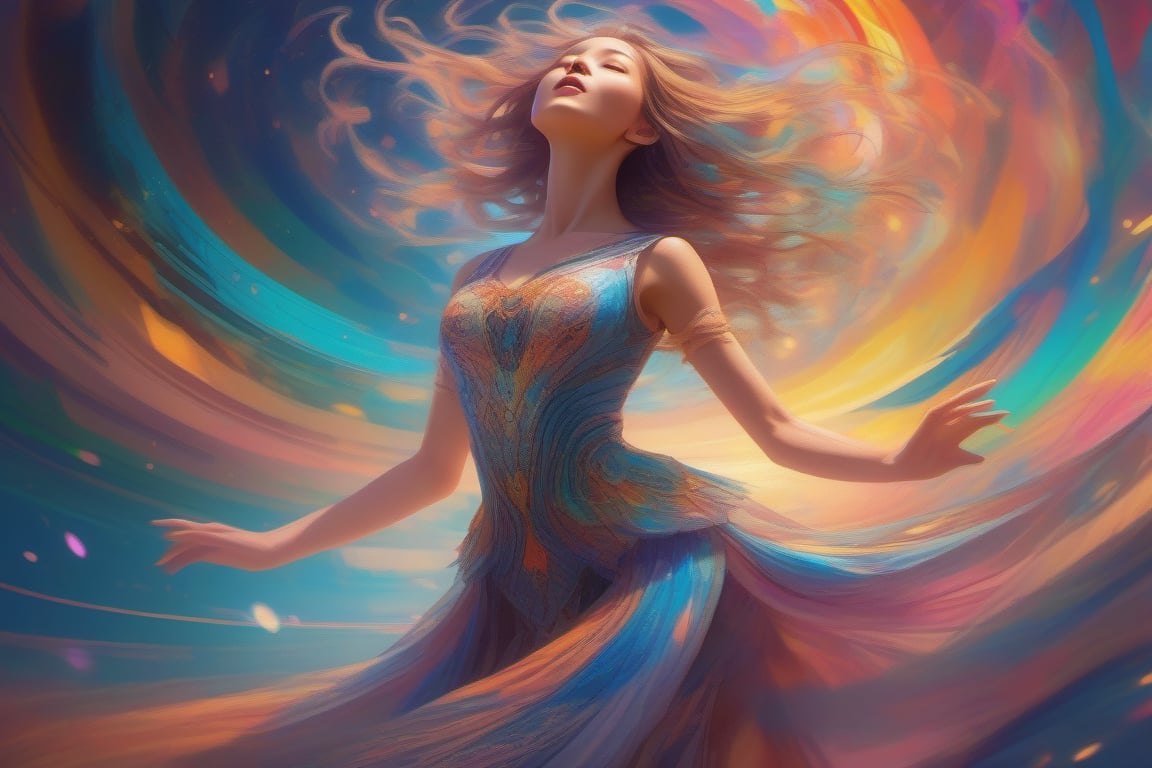  anime art style, psychodelic art, close up of a magnificient woman who is dancing at the rytmn of the universe, dress, visible sounds,wave of colours, multicolor, dreamcore, hopecore, dramatic light