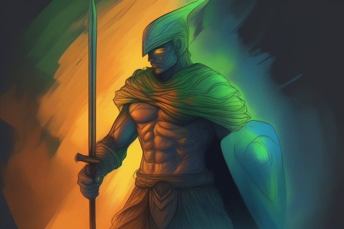 illustration of a warrior embracing the darkness within him and unlocked his true potential, sharp, smooth, sketch art, exaggerate pencil stroke, hopecore, dramatic light, aura, orange, green, yellow, blue